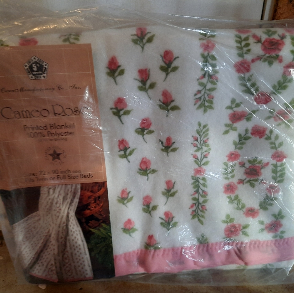Vintage cottagecore satin trimmed polyester floral "Cameo Rose" blanket